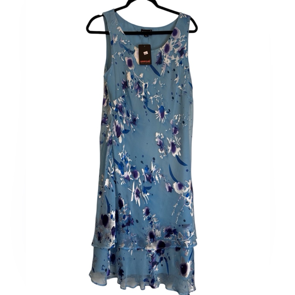 Floral Blue Sleeveless Tank Style Dress Asymmetrical Tiered Hem Size XL